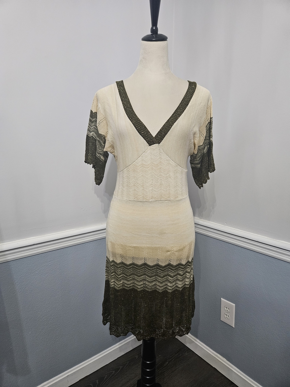 Cherry Knit Vintage Y2K Crochet Metallic Midi Dress Earth Tone Chevron Size M